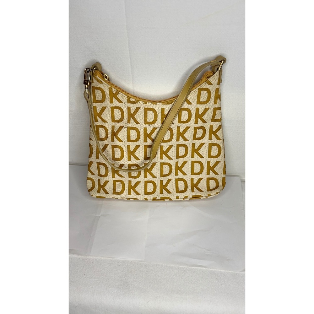 DKNY Monogram Logo Small Hobo Shoulder Bag Yellow Cream Canvas Gold Hardware